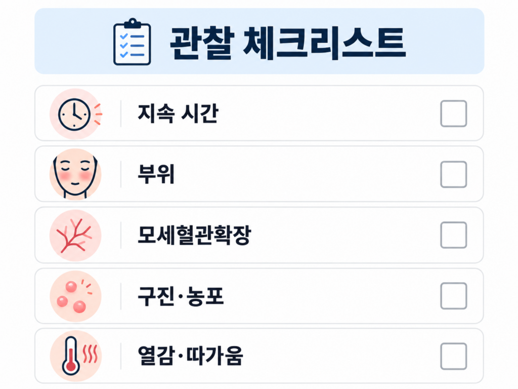 안면홍조 주사피부염 구별을 위해 기록할 지속 시간, 부위, 모세혈관확장, 구진·농포, 열감·따가움 다섯 가지 관찰 항목 체크리스트