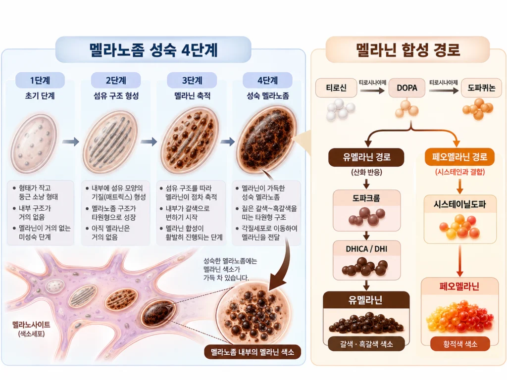 멜라노좀의 네 가지 성숙 단계와 멜라닌 합성 경로를 나타낸 도식