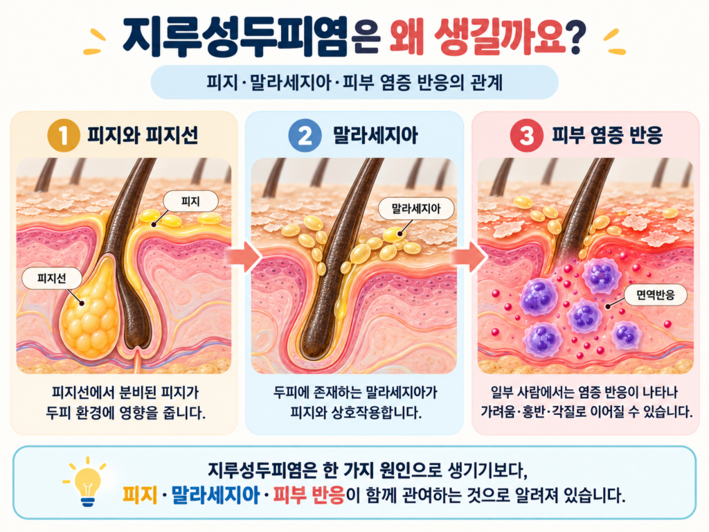 지루성두피염 발생에 관여하는 피지선과 말라세지아 균, 면역반응을 나타낸 두피 단면 일러스트