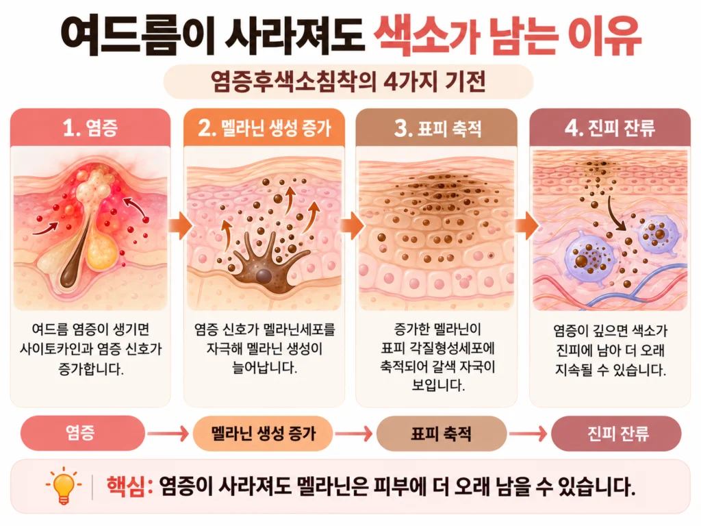 여드름 염증에서 염증후색소침착이 생기는 네 가지 기전을 단계별로 나타낸 인포그래픽