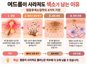 여드름 염증에서 염증후색소침착이 생기는 네 가지 기전을 단계별로 나타낸 인포그래픽