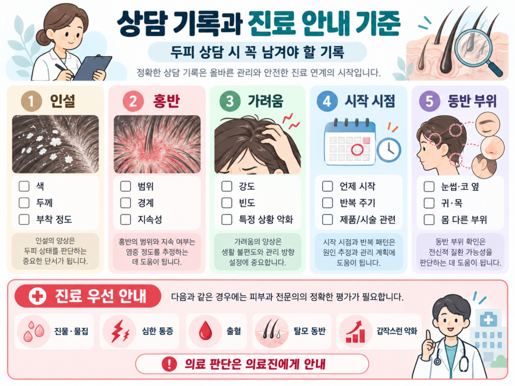 두피 상담에서 인설, 홍반, 가려움, 시작 시점, 동반 부위를 기록하고 피부과 진료를 안내하는 기준을 나타낸 인포그래픽
