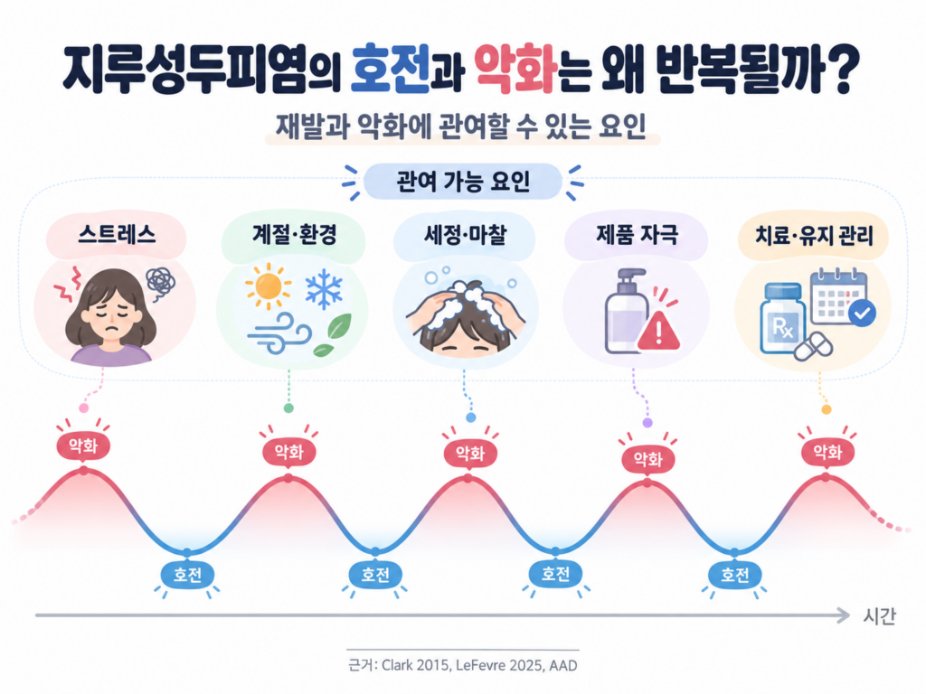 지루성두피염 재발과 악화에 관여할 수 있는 스트레스, 계절·환경, 세정·마찰, 제품 자극, 치료·유지 관리 요인을 나타낸 인포그래픽