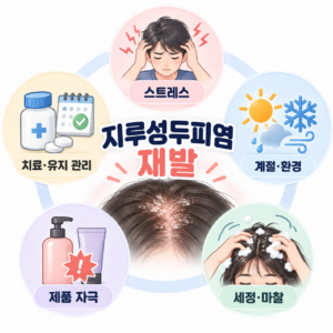 지루성두피염 재발과 악화에 관여할 수 있는 스트레스, 계절·환경, 세정·마찰, 제품 자극, 치료·유지 관리 5가지 요인을 나타낸 인포그래픽