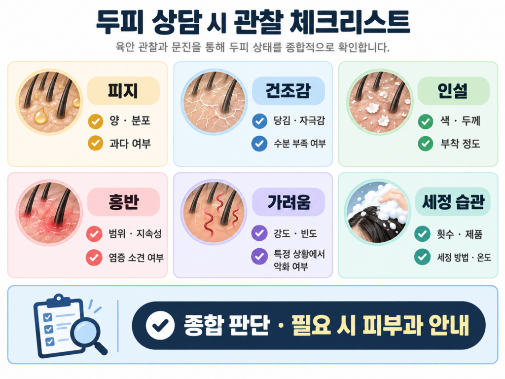 두피 상담에서 피지, 건조감, 인설, 홍반, 가려움, 세정 습관을 구분해 확인하는 관찰 체크 인포그래픽