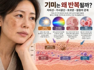 자외선, 가시광선, 호르몬, 염증이 기미 재발에 함께 작용하는 구조를 나타낸 인포그래픽