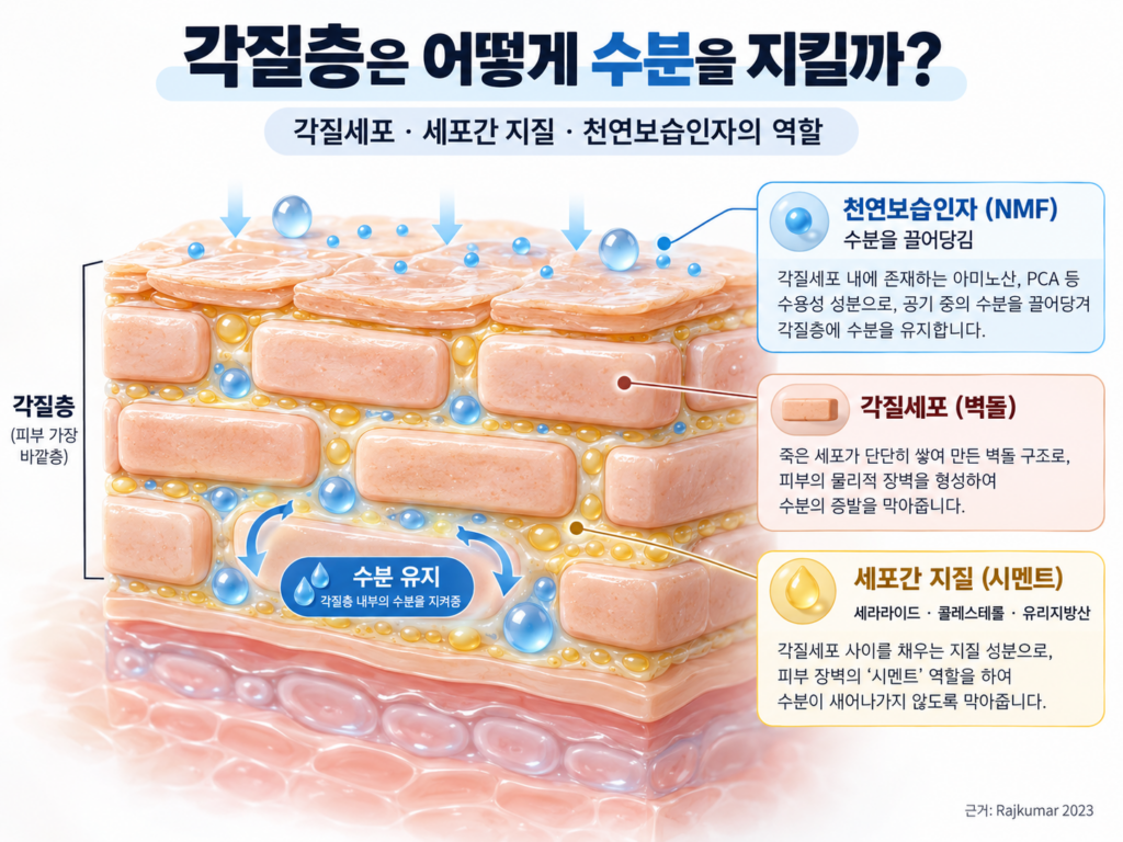 각질층에서 각질세포와 세포간 지질, 천연보습인자가 수분을 유지하는 구조를 나타낸 인포그래픽