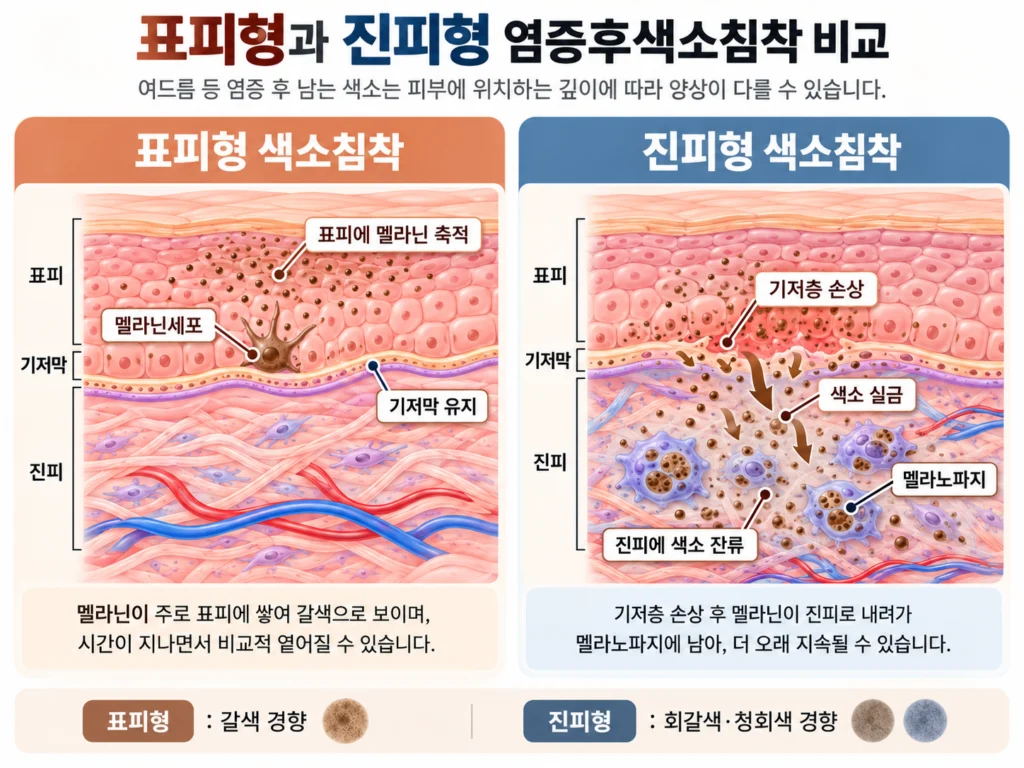 표피에 멜라닌이 쌓인 경우와 기저층 손상 후 진피에 멜라노파지가 남은 경우를 비교한 피부 단면 도식