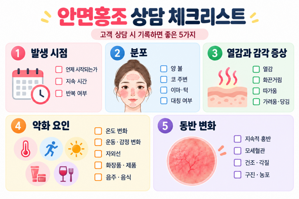 안면홍조 고객 상담 때 기록할 발생 시점, 분포, 열감, 악화 요인, 동반 변화 다섯 가지를 정리한 체크리스트