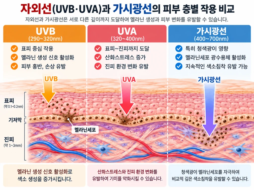 자외선(UVB·UVA)과 가시광선의 피부 층별 작용 비교 도식