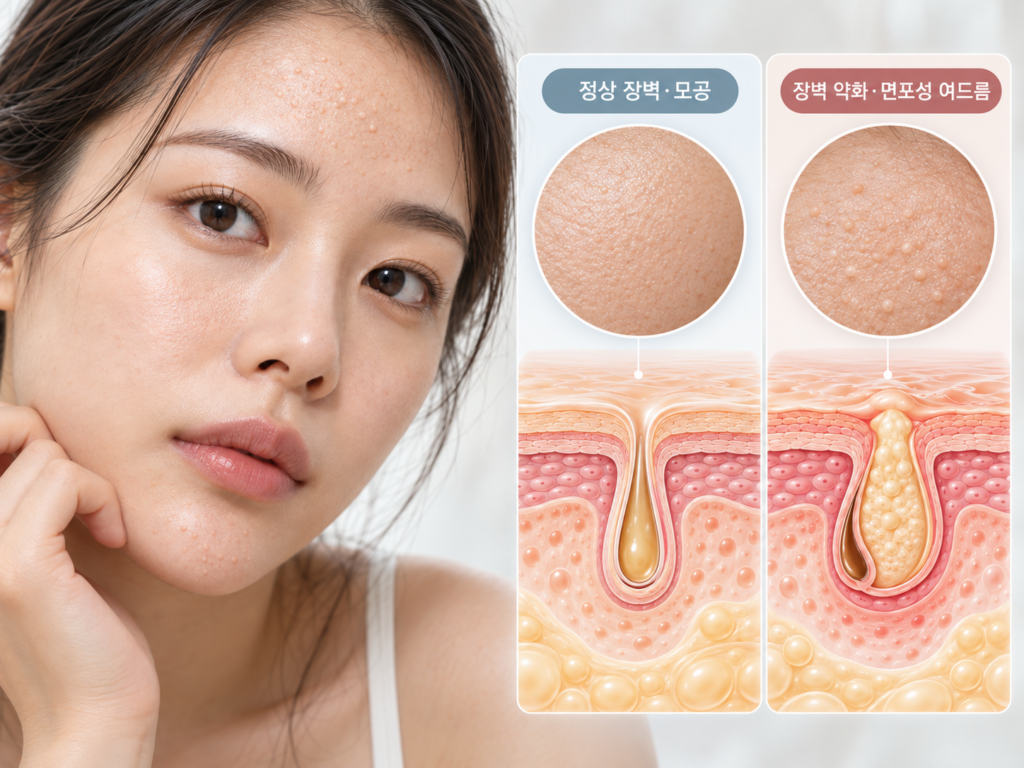 이마와 턱에 좁쌀 여드름이 올라온 면포성 여드름 피부와 모공 상태
