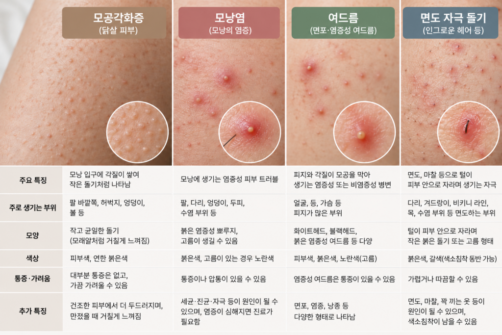 모공각화증, 모낭염, 여드름, 면도 자극 돌기의 피부 모습과 특징을 비교한 이미지