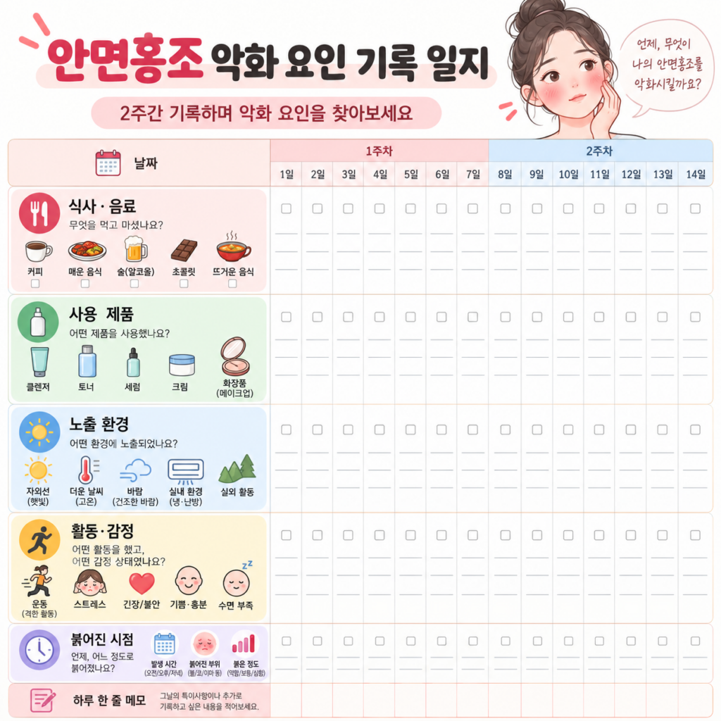 안면홍조 악화 요인인 햇빛, 열·온도, 음식·음료, 스트레스, 운동 다섯 가지를 아이콘으로 나타낸 인포그래픽