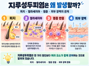 지루성두피염의 발생 원인을 피지, 말라세지아, 염증 반응, 피부 장벽 변화의 4가지 요소로 설명한 인포그래픽