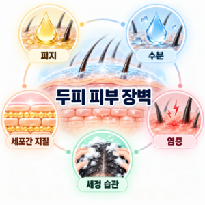 두피 피부 장벽과 피지, 수분, 세포간 지질, 염증, 세정 습관의 5가지 관계를 나타낸 인포그래픽