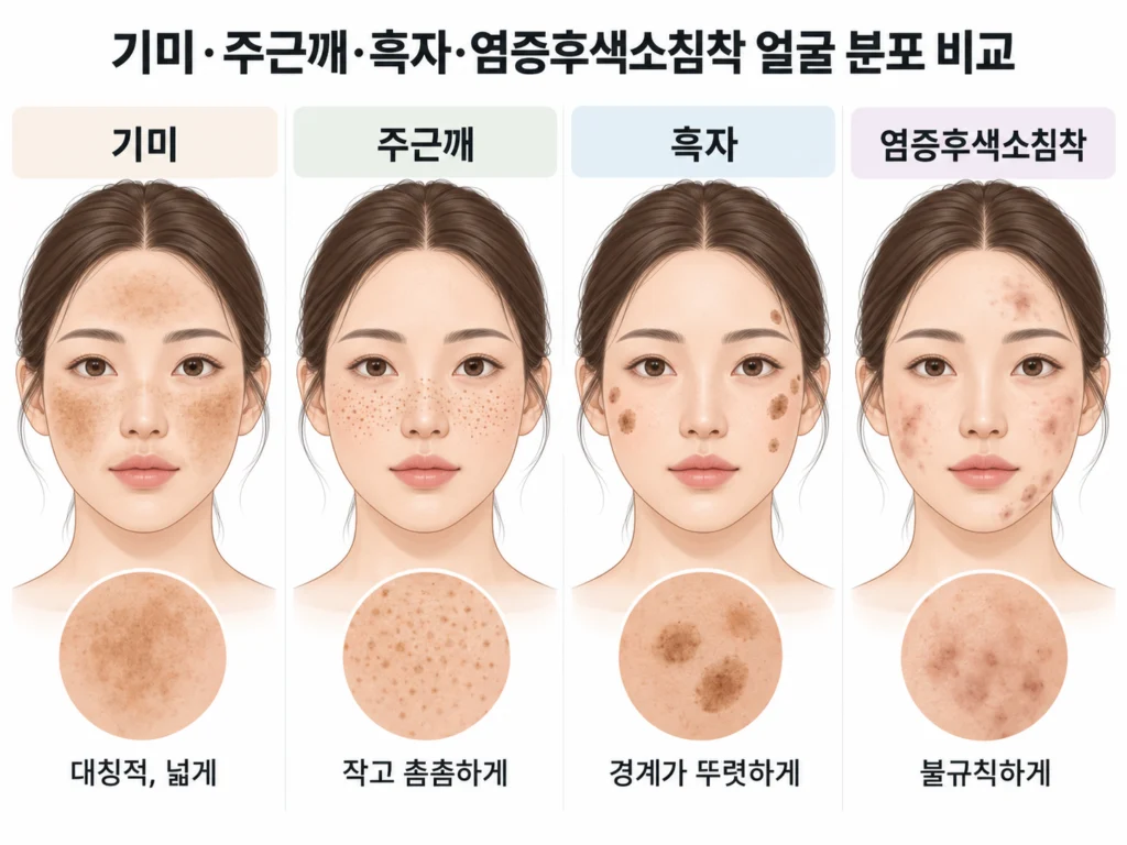 기미, 잡티, 염증후색소침착의 얼굴 분포 위치를 비교한 도식