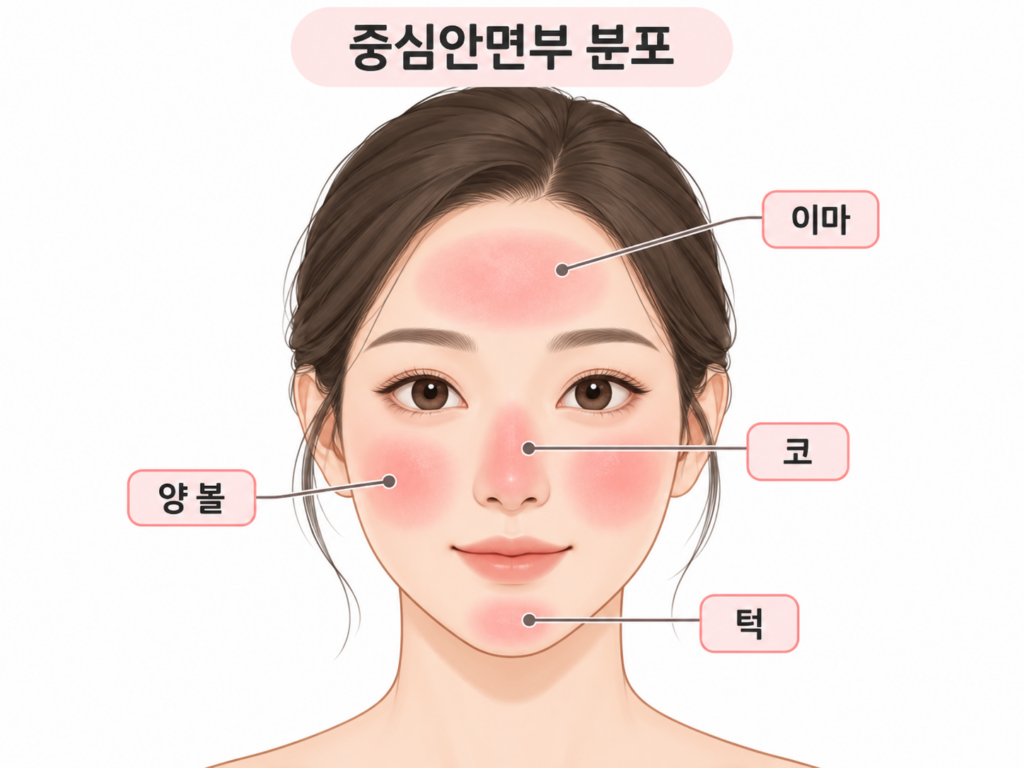 안면홍조 고객 관찰 때 확인할 양 볼, 코, 이마, 턱의 중심안면부 분포를 표시한 얼굴 도식