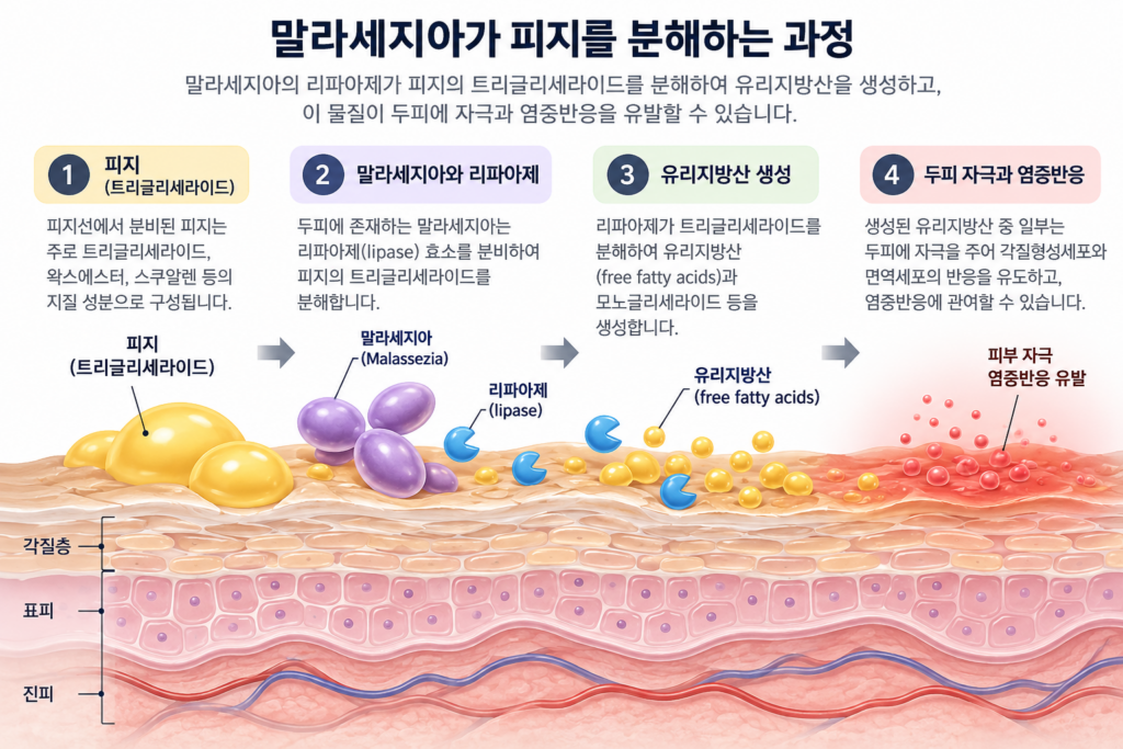 말라세지아 리파아제가 피지 트리글리세라이드를 유리지방산으로 분해하는 과정을 나타낸 두피 인포그래픽
