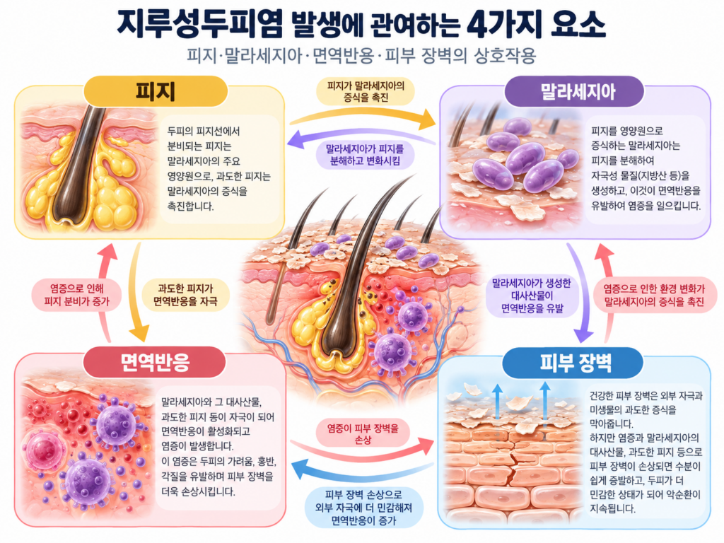 지루성두피염 발생에 관여하는 피지, 말라세지아, 면역반응, 피부 장벽의 상호작용을 나타낸 관계도
