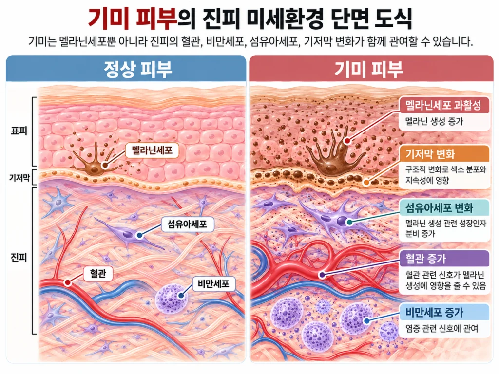 기미 피부의 표피와 진피에서 기저막, 혈관, 비만세포가 변화한 구조를 나타낸 단면 도식