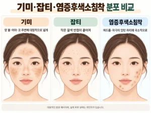 기미, 잡티, 염증후색소침착의 얼굴 분포 위치를 비교한 인포그래픽