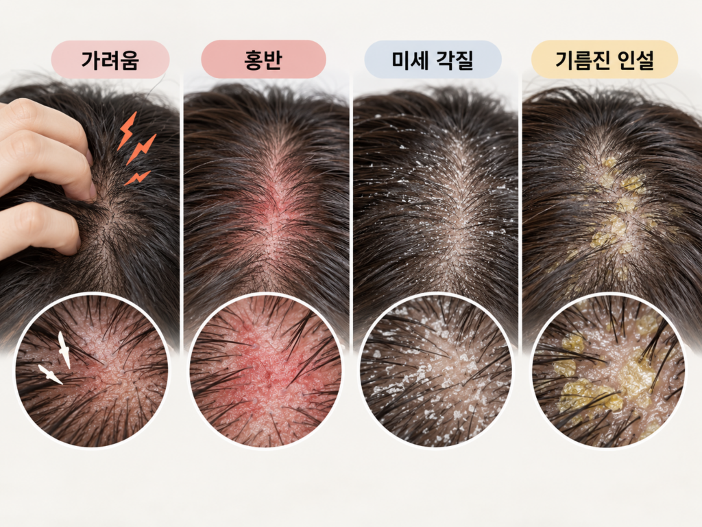 두피 가려움, 홍반, 미세 각질, 기름진 인설 등 지루성두피염에서 나타날 수 있는 두피 변화를 정리한 일러스트